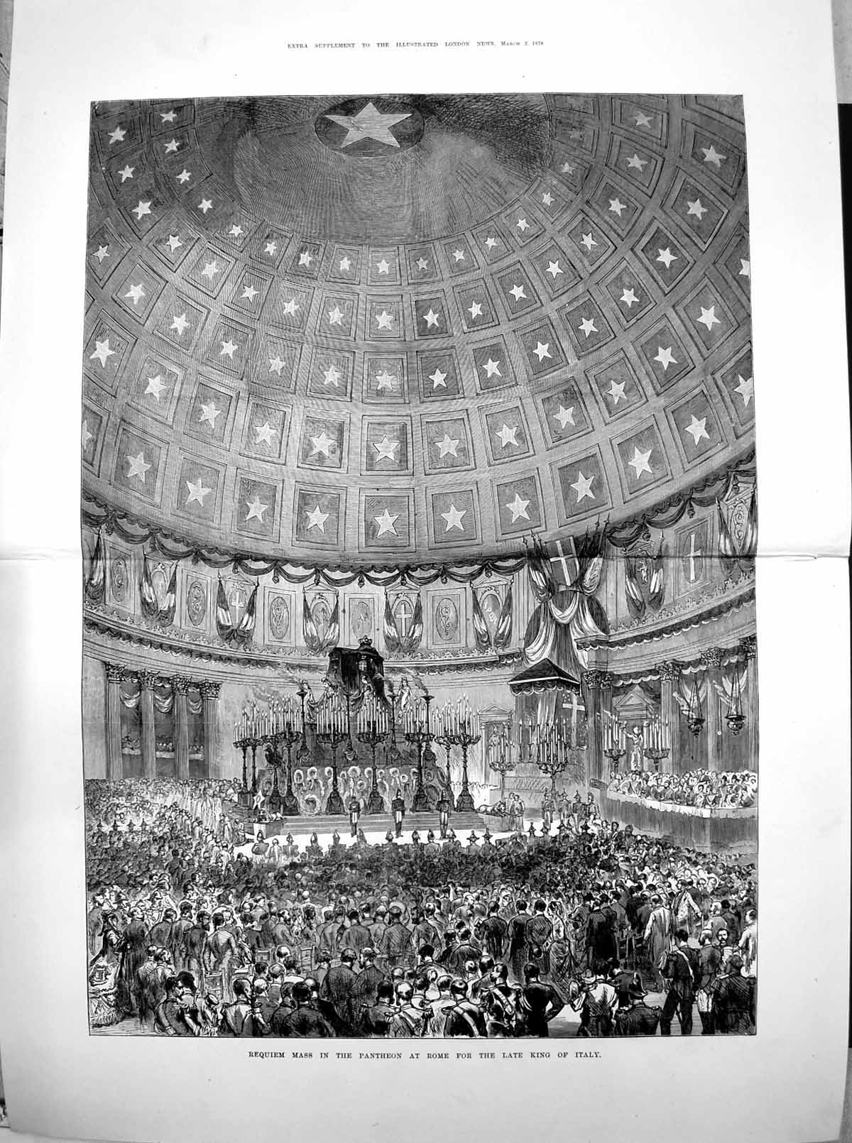 Old Antique Print Requium Mass In Pantheon Rome For Late King Italy 1878 19th