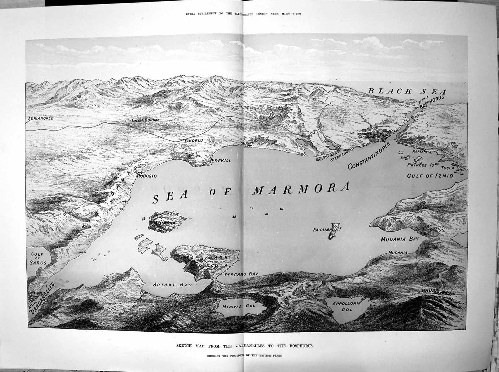 Old Sketch Map Dardanelles To Bosphorus Positions British Fleet 1878 Victorian