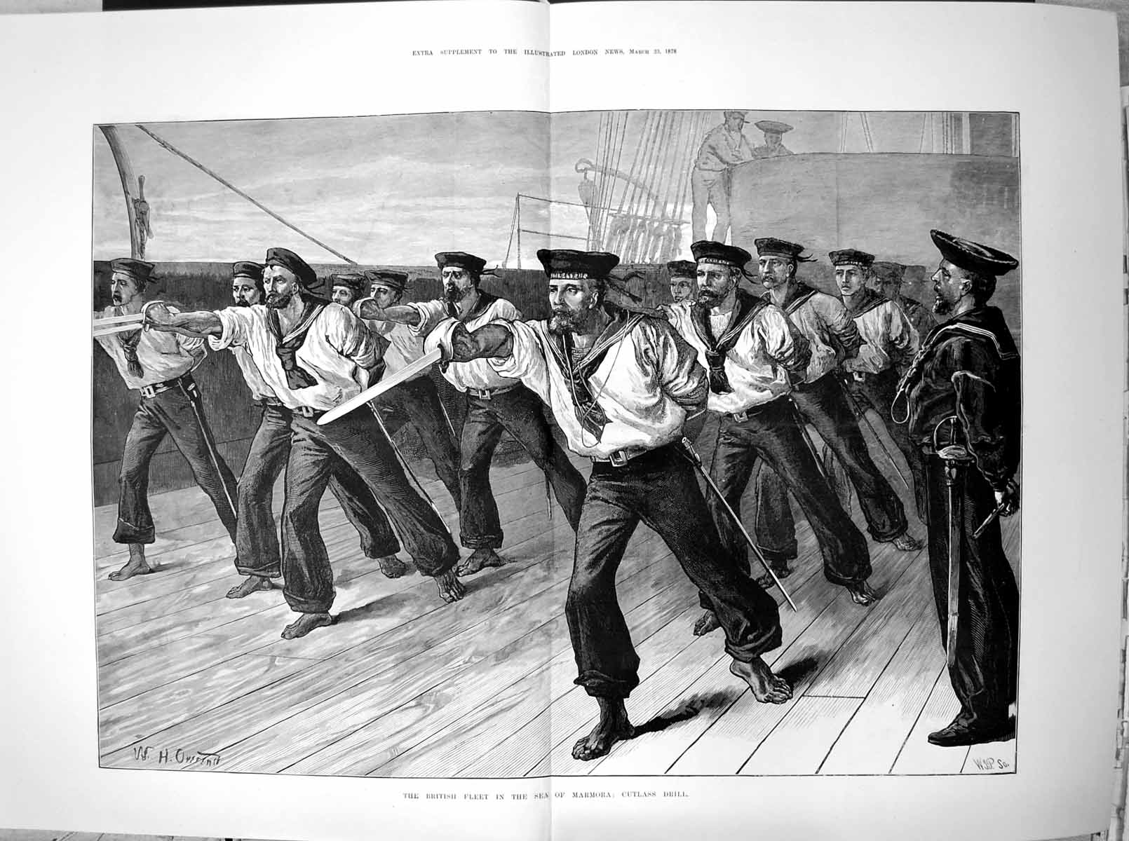 Antique Old Print British Fleet Sea Marmora Cutlass Drill W H Overend 1878 19th