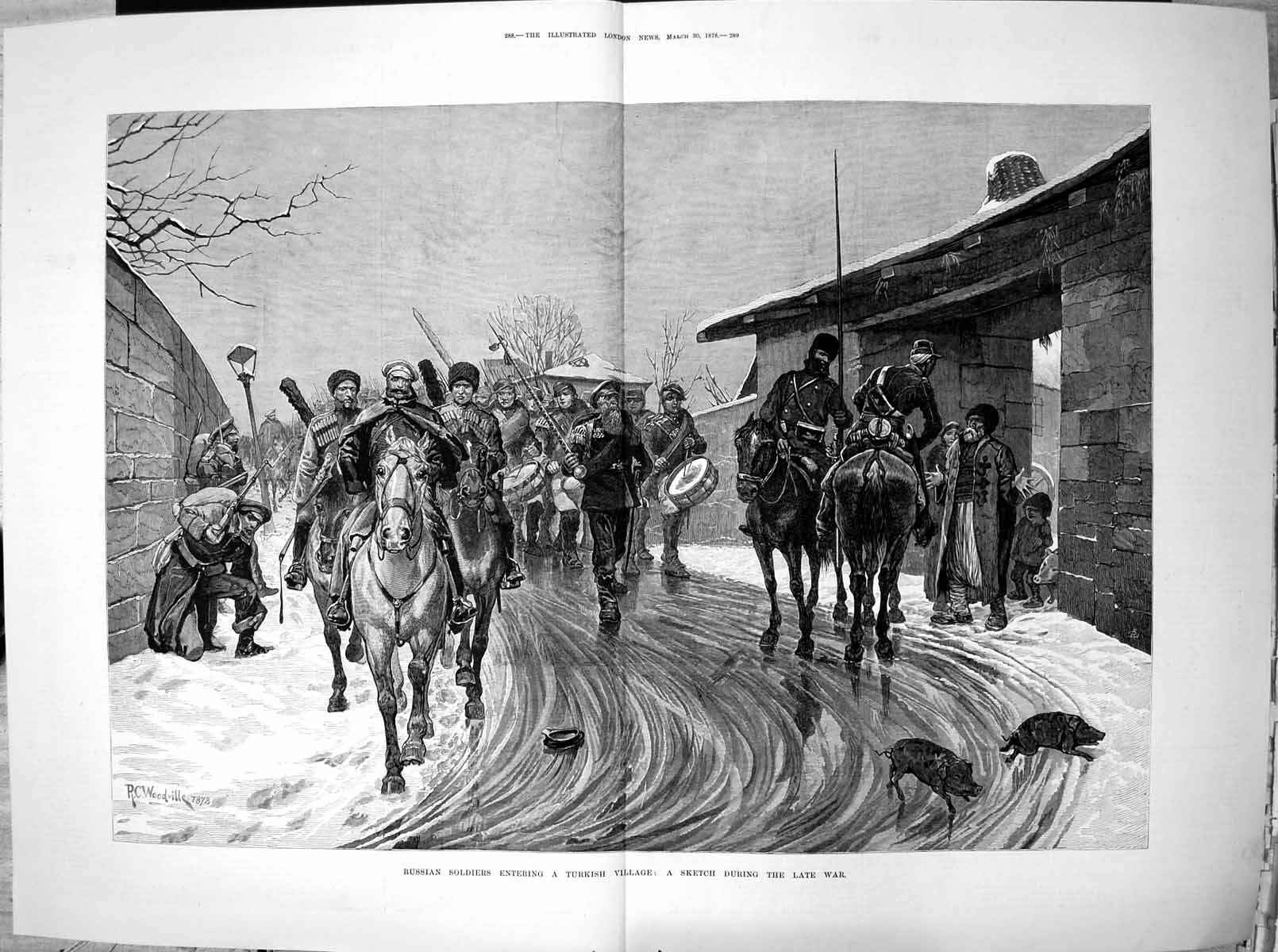 Antique Print Russian Siers Entering Turkish Village During Late War 1878 19th