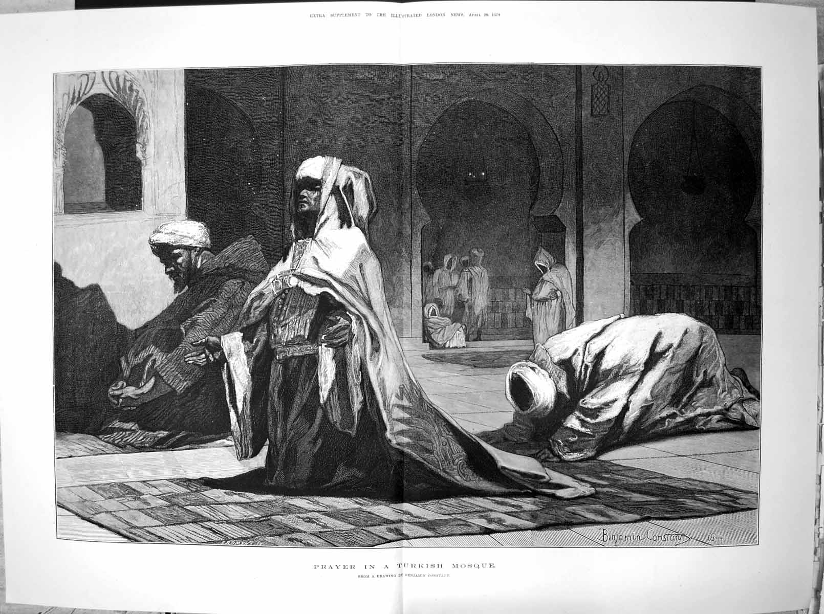 Antique Old Print Prayer In A Turkish Mosque Drawing Benjamin Constant 1878