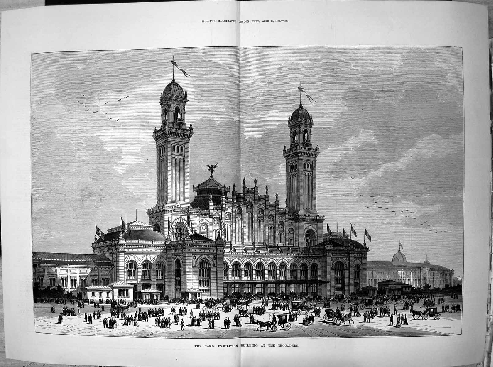 Original Old Antique Print Exterior Paris Exhibition Building Trocadero 1878