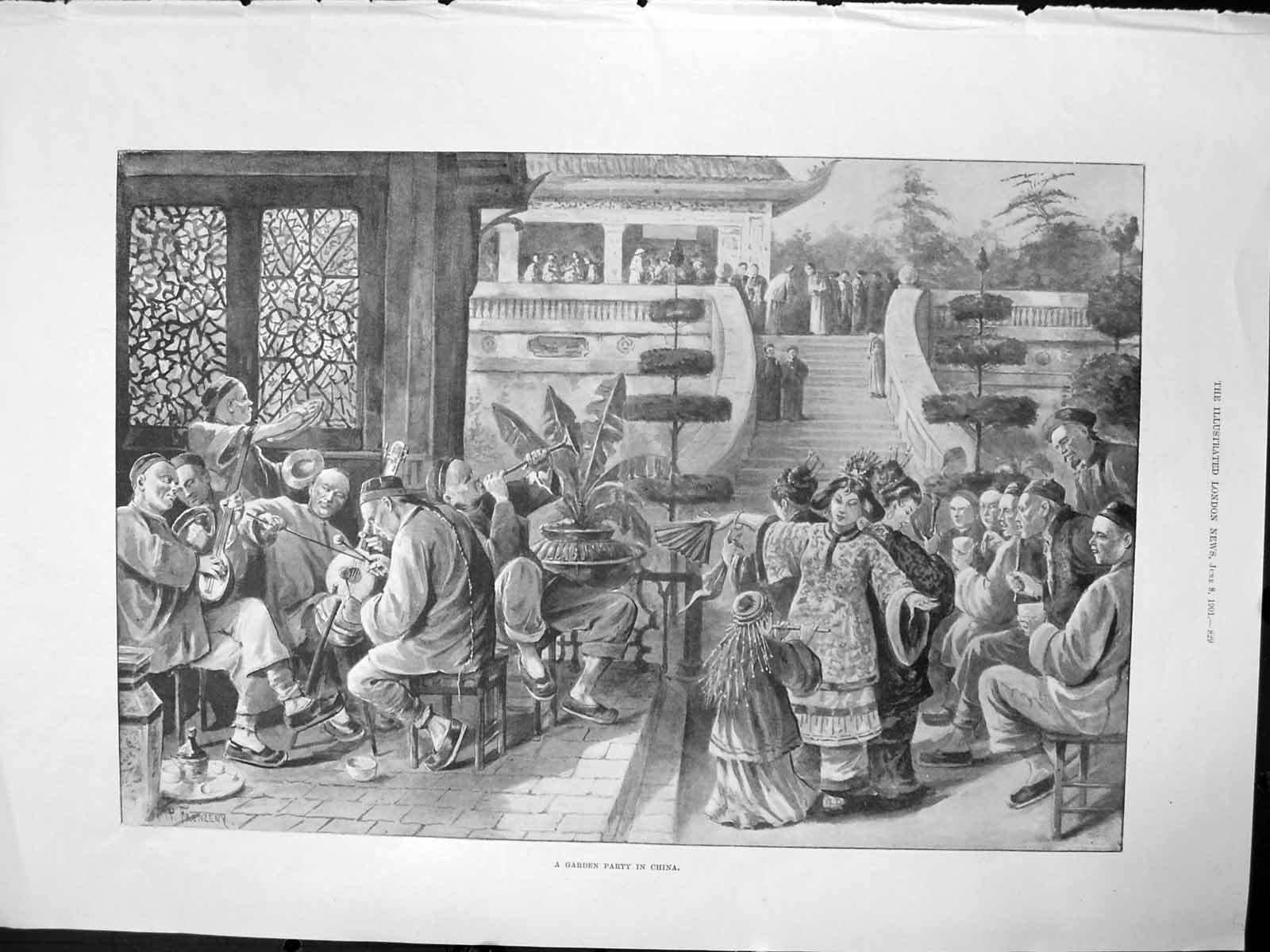 Antique Print Garden Party China Ladies Fashions Satin Coat Dress Lace 1901