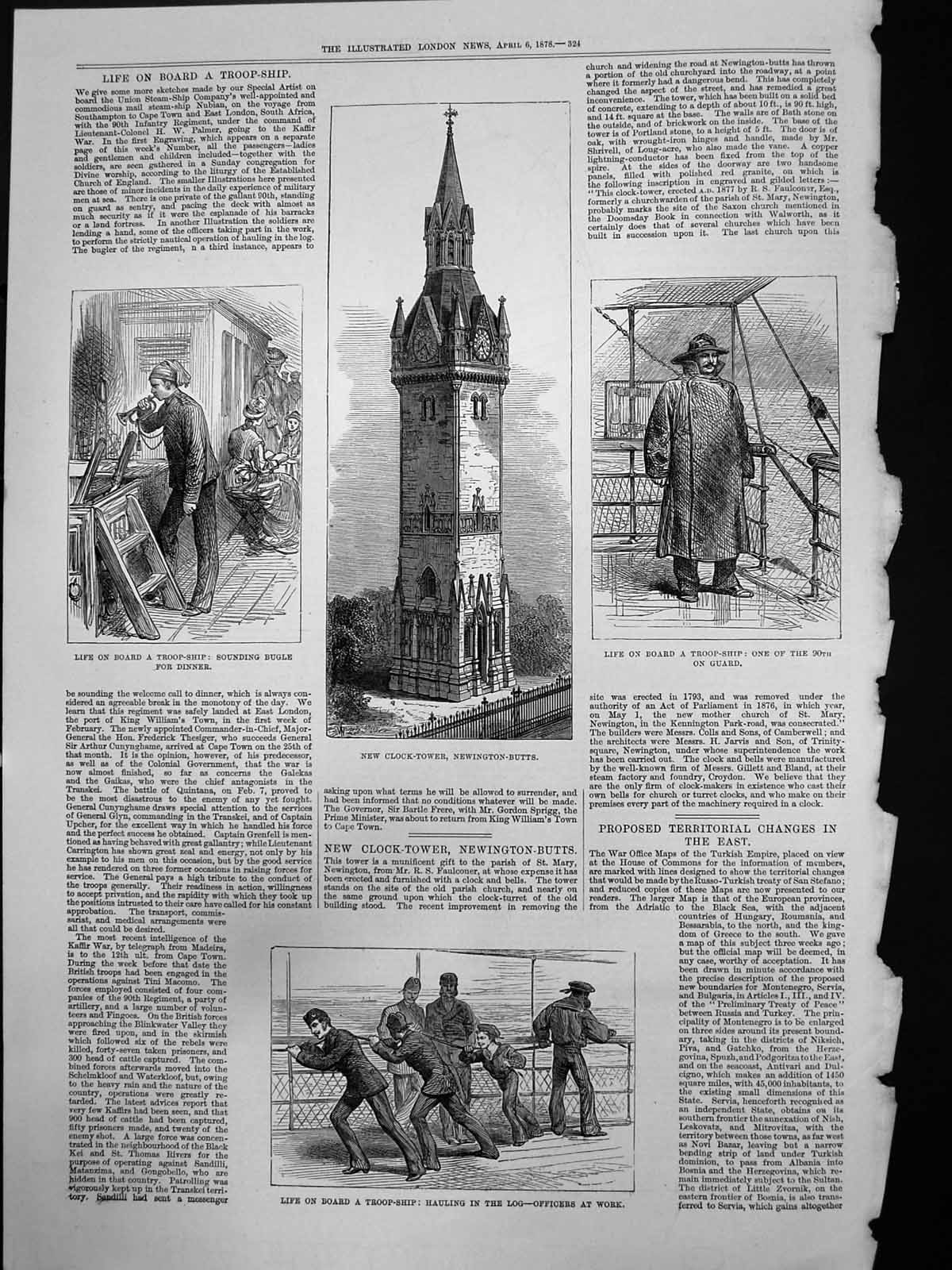 Old New Clock Tower Newington Butts Life Troop Ship Hauling Log 1878 Victorian