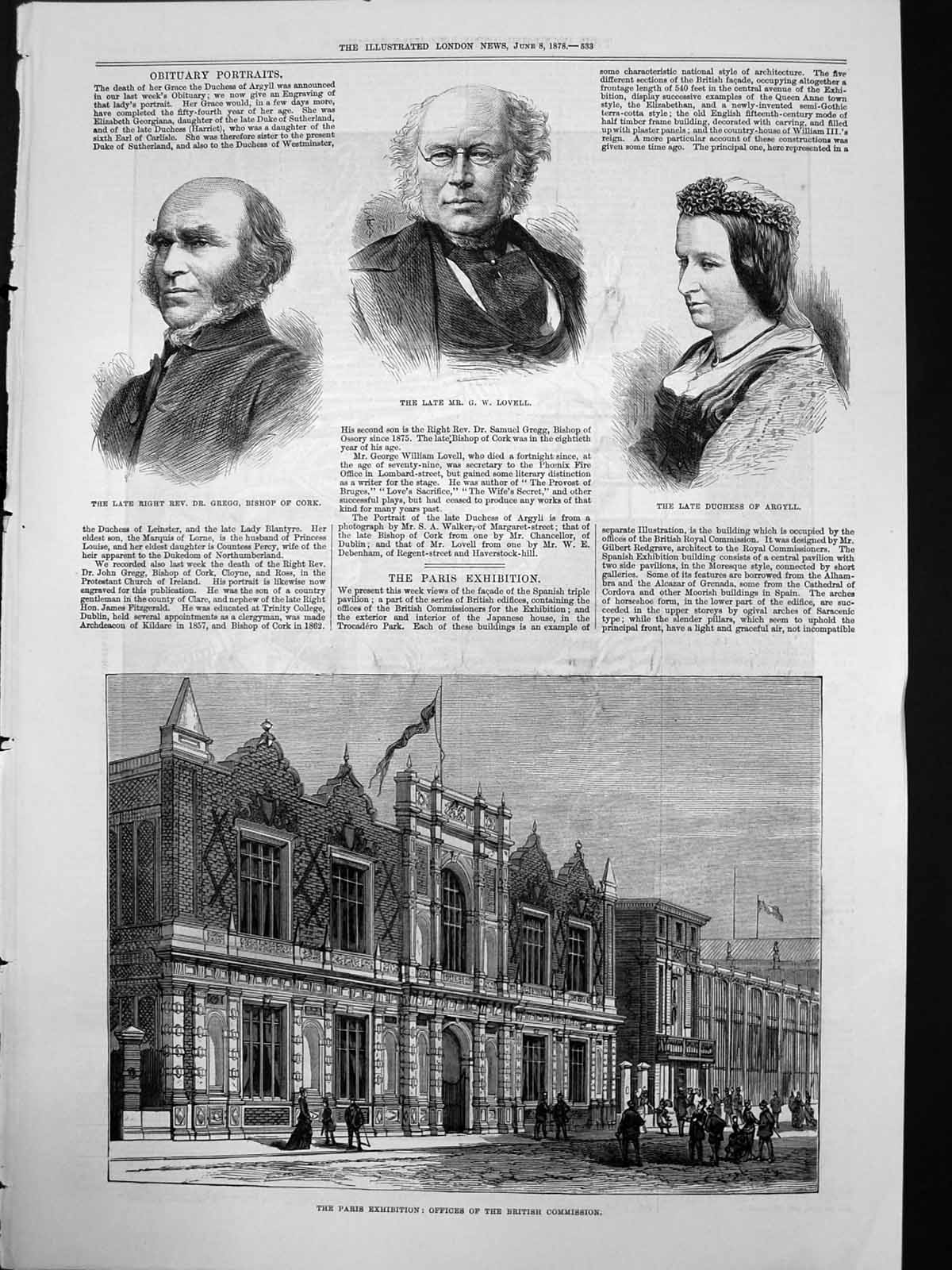 Old Print Paris Exhibition Offices British Commission Duchess Argyll 1878 19th