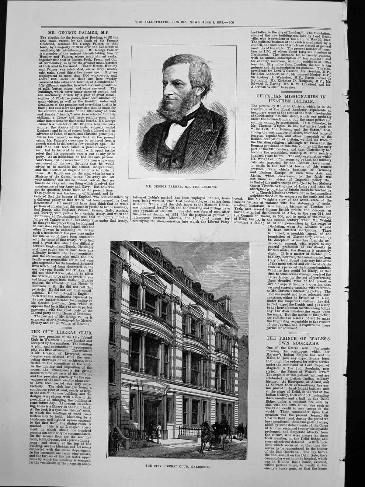 Antique Print City Liberal Club Walbrook Mr George Palmer M P Reading 1878 19th
