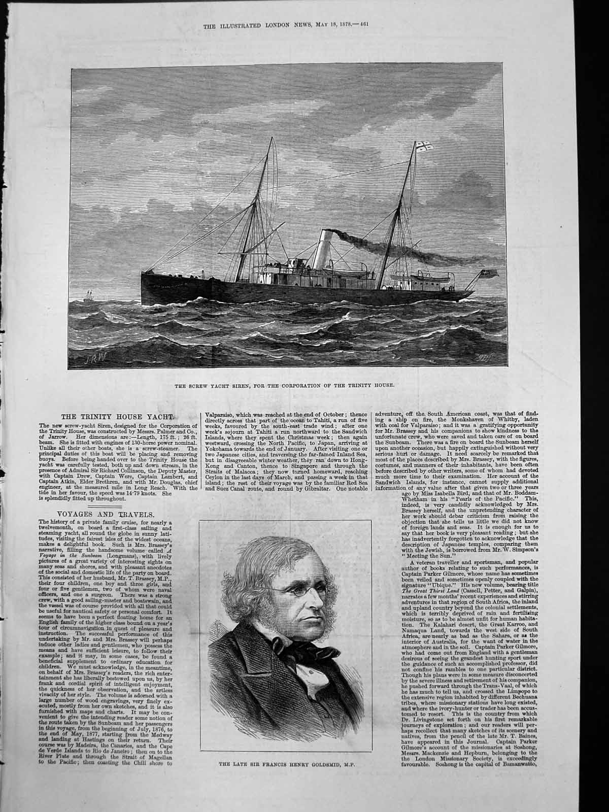 Old Print Sir Francis Henry Gsmid Mp Screw Yacht Siren Trinity House 187 19th