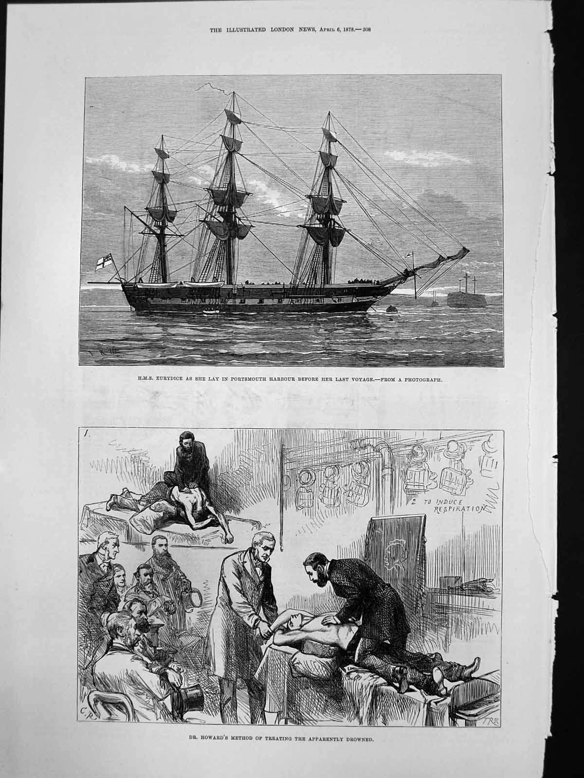 Old Print Hms Eurydice Last Voyage Dr Howards Method Treating Drowned1878 19th