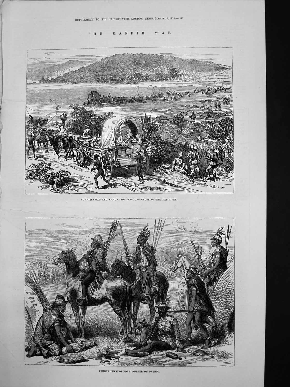 Antique Old Print Kaffir War Tembus Fort Bowker Patrol Waggons Kei River 1878