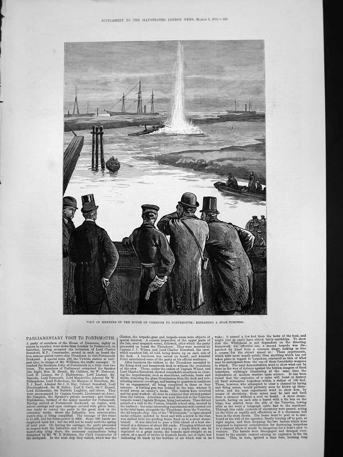 Old Print Memebers House Commons Visit Portsmouth Exploding Torpedo 1878 19th