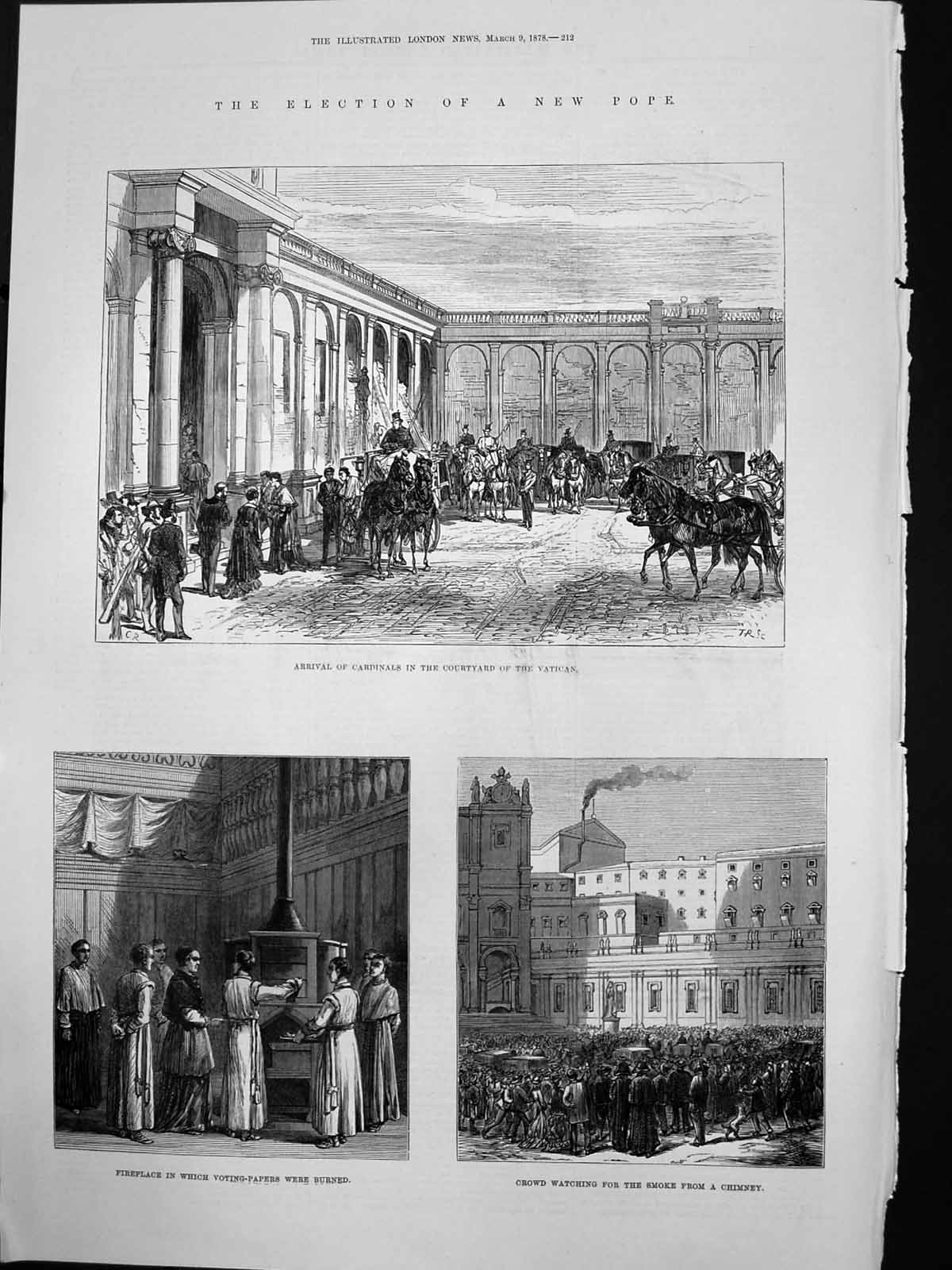 Old Print Election New Pope Cardinals Vatican Fireplac Smoke Chimney 1878 19th