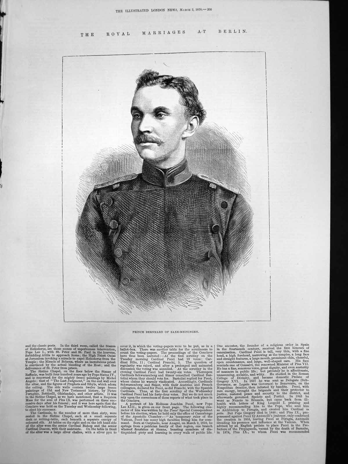 Antique Old Print Royal Marriage Berlin Prince Bernhard Saxe Meiningen 1878