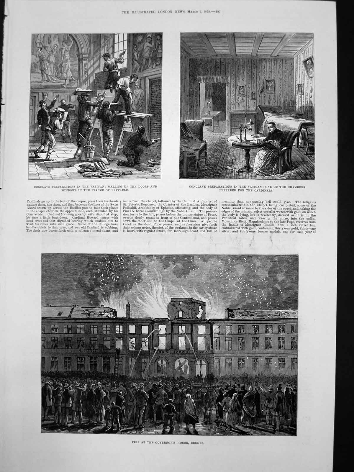 Old Print Fire Governors House Bruges Conclave Preparations Vatican 1878 19th