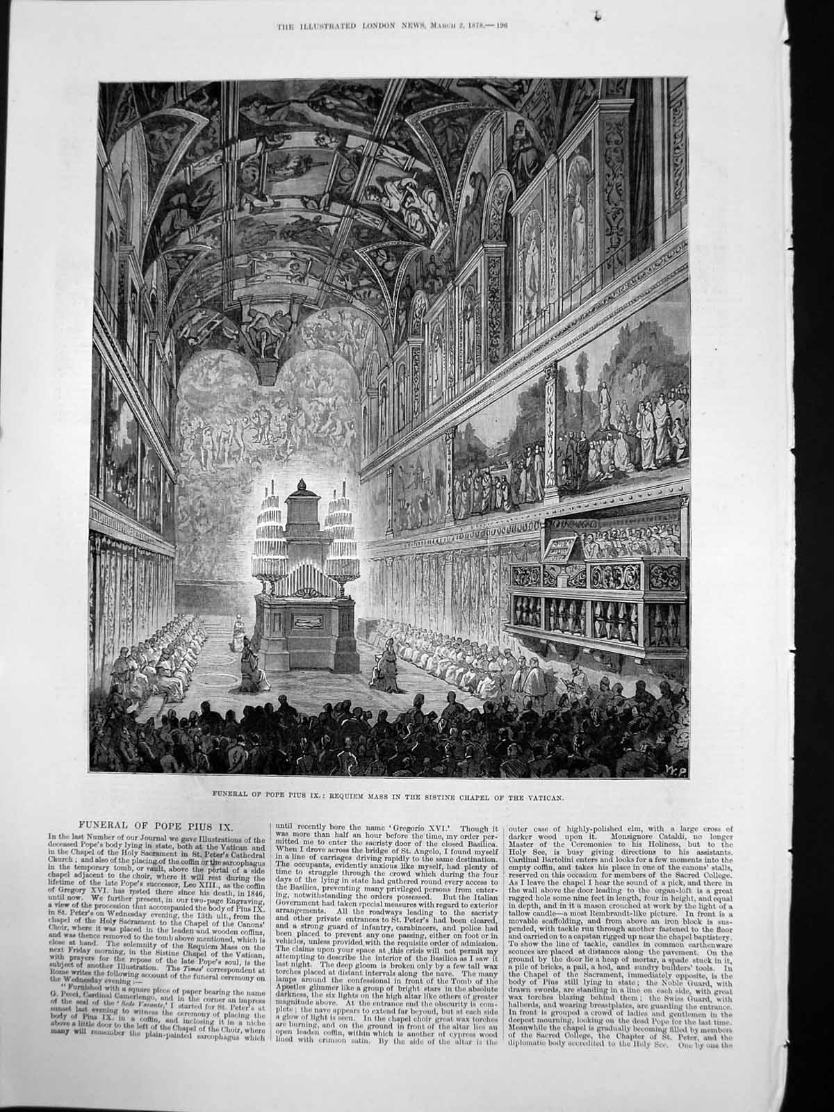 Antique Print Funeral Pope Pius 1X Requiem Mass Sistine Chapel Vatican 1878