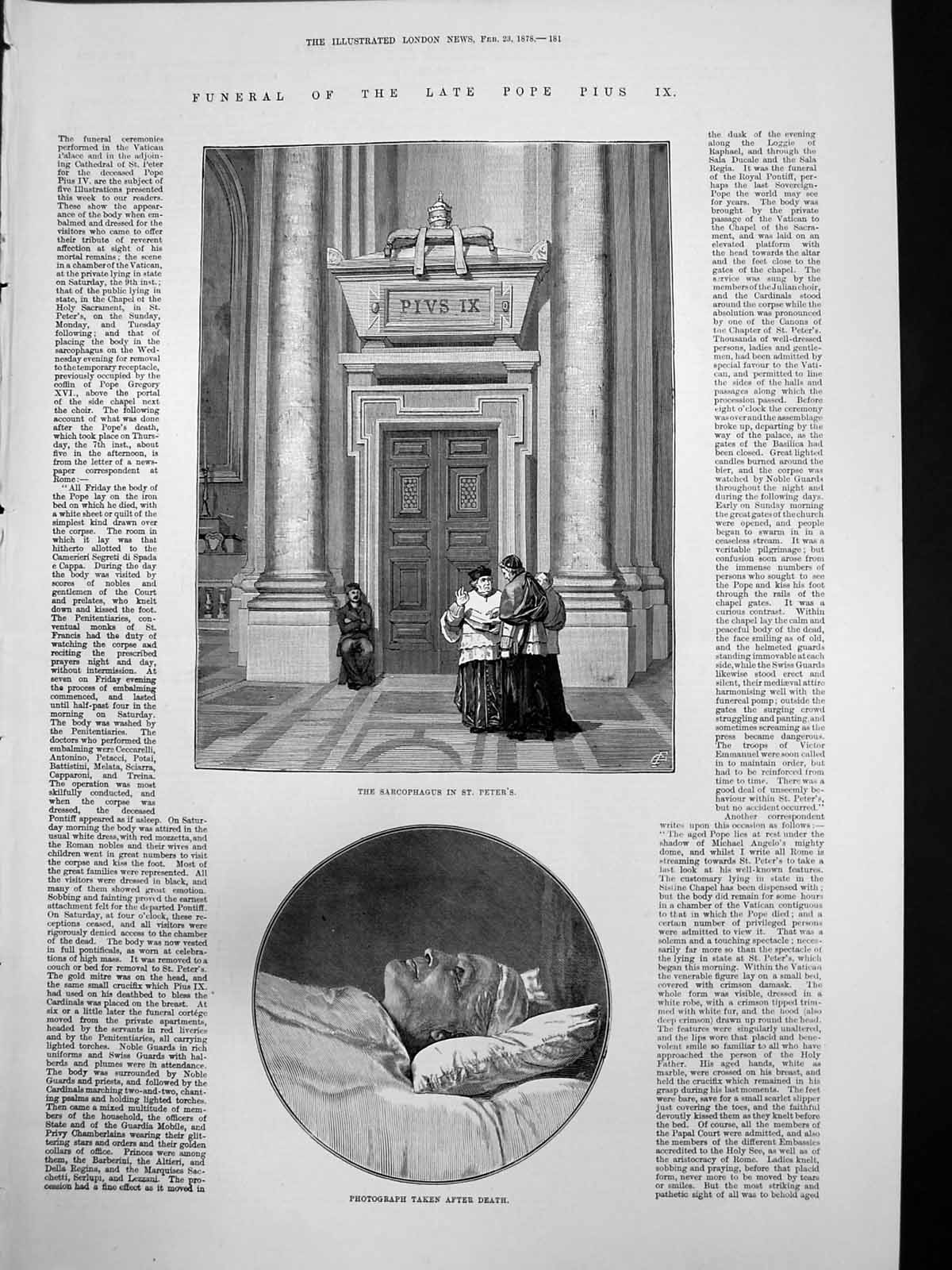 Antique Old Print Funeral Pope Pius Ix Sarcophagus St Peters After Death 1878