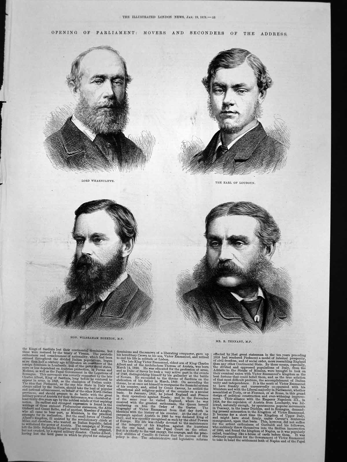 Old Print Opening Parliament Lord Wharncliffe Earl Loudoun R Tennant 1878 19th