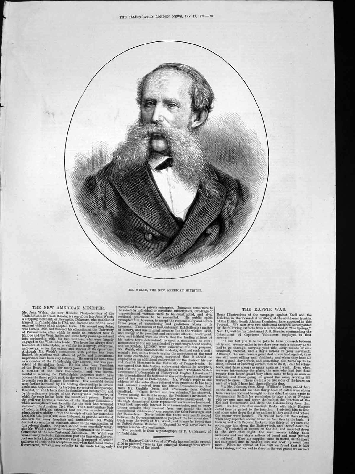 Original Old Antique Print Mr John Welsh New American Minister 1878 Victorian