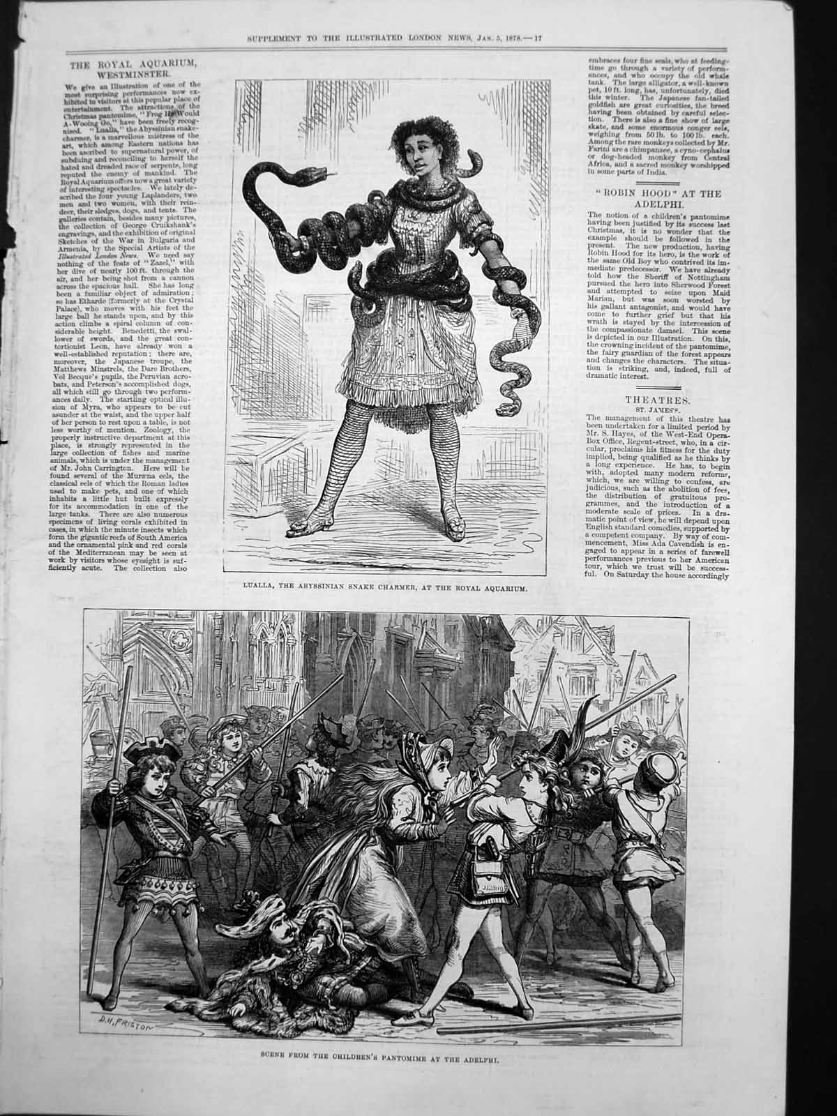 Old Print Lualla Abyssinian Snake Charmer Aquarium Pantomine Adelphi 1878 19th