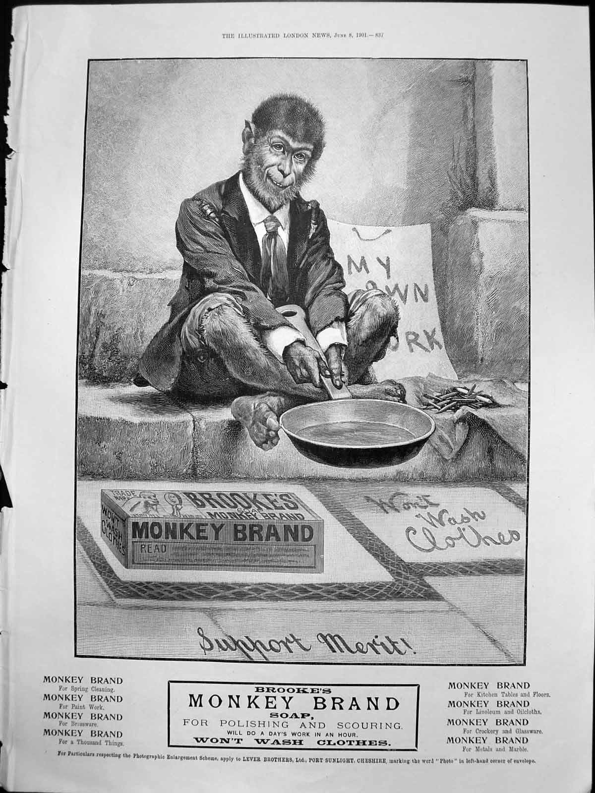 Antique Old Print Advert Brookes Monkey Brand Soap Polishing Scouring 1901 20th