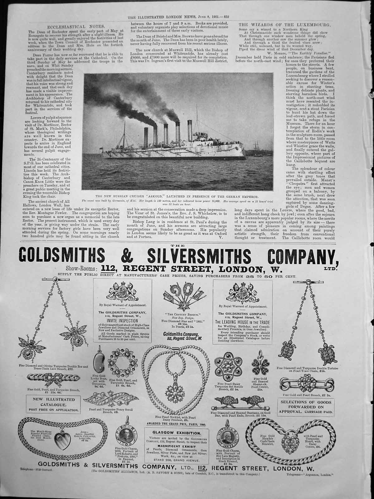 Old Antique Print New Russian Cruiser AskGsmiths Silversmiths London 1901 20th