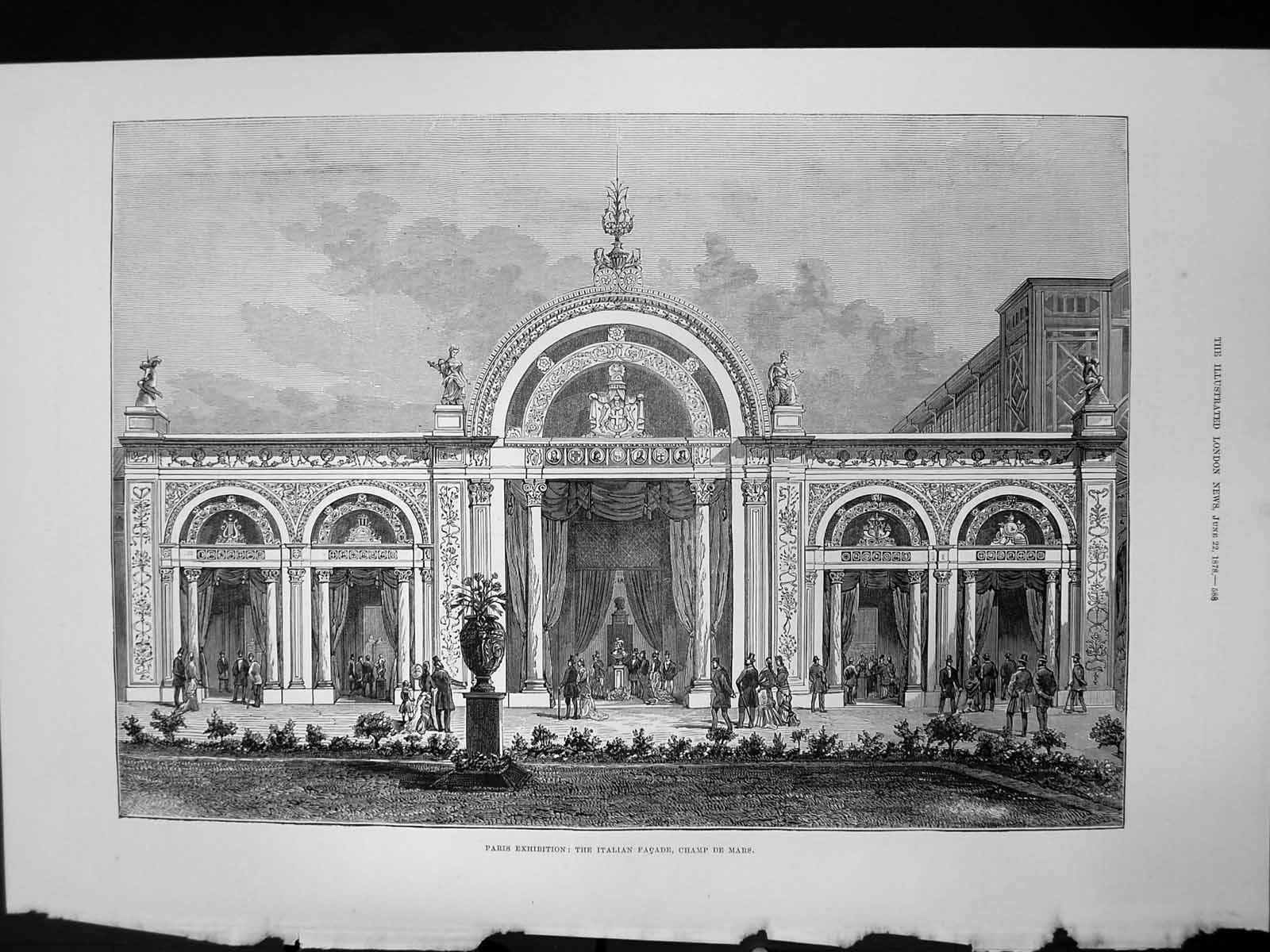 Original Old Antique Print Paris Exhibition Italian Facade Champ De Mar 1878