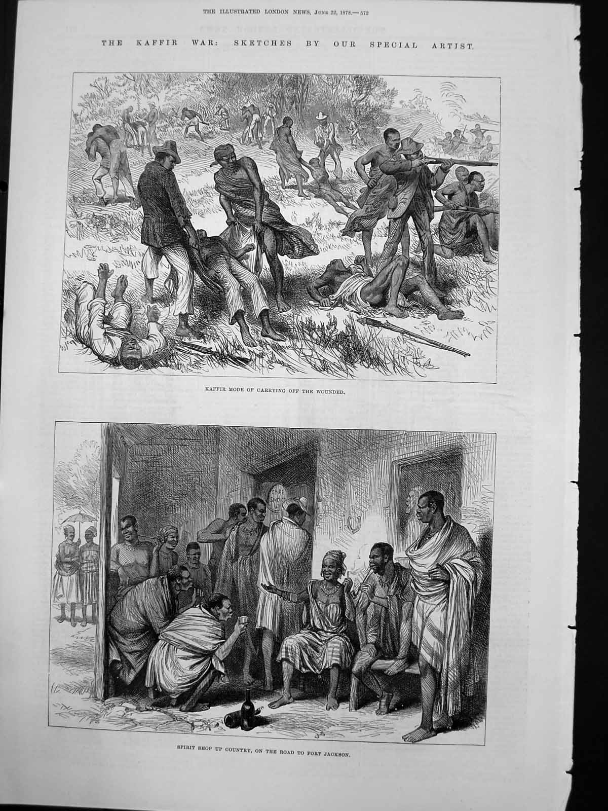 Old Print Kaffir War Carrying Wounded Spirit Shop Road Fort Jackson 1878 19th