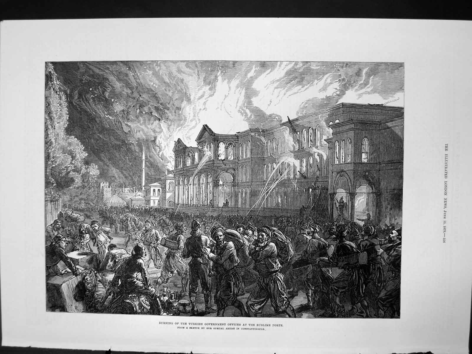 Old Antique Print Burning Turkish Government Offices Sublime Porte 1878 19th