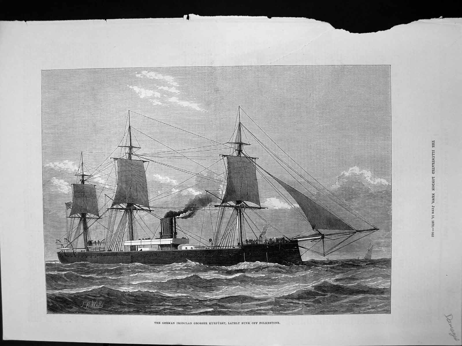 Antique Print German Ironclad Grosser Kurfurst Sunk Folkestone 1878 Damaged
