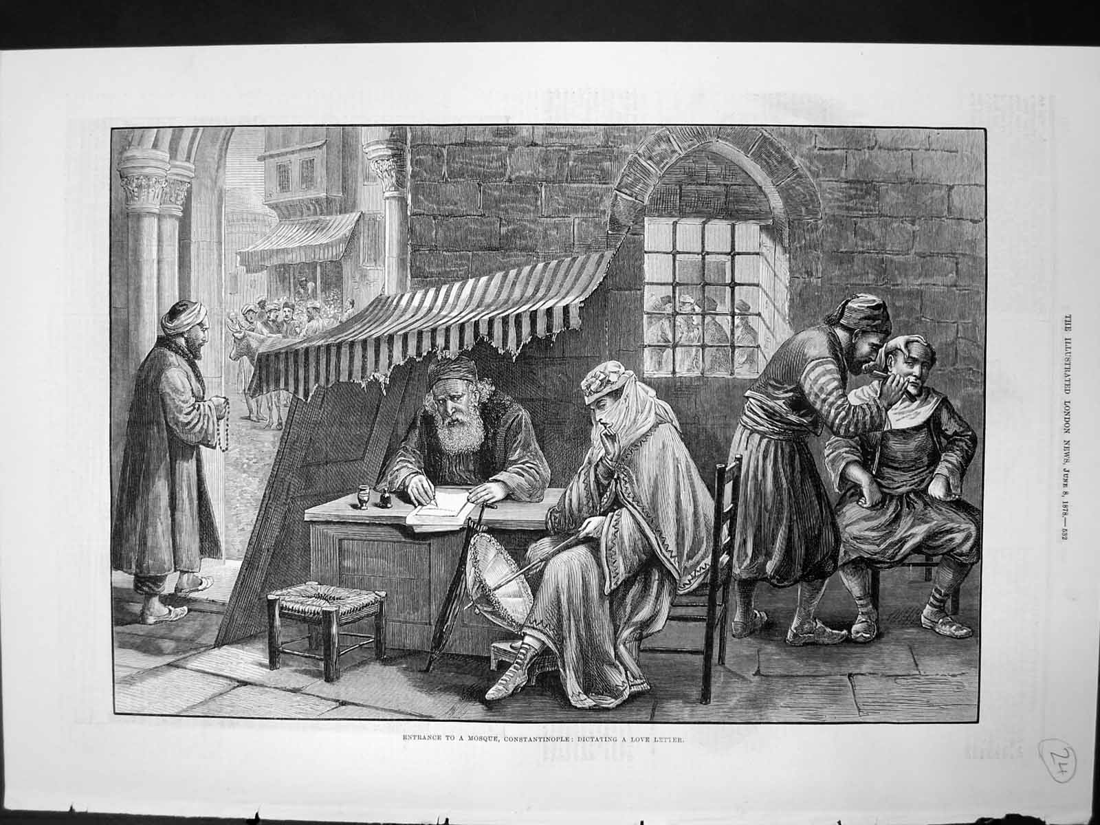 Antique Old Print Entrance Mosque Constantinople Dictating Love Letter 1878