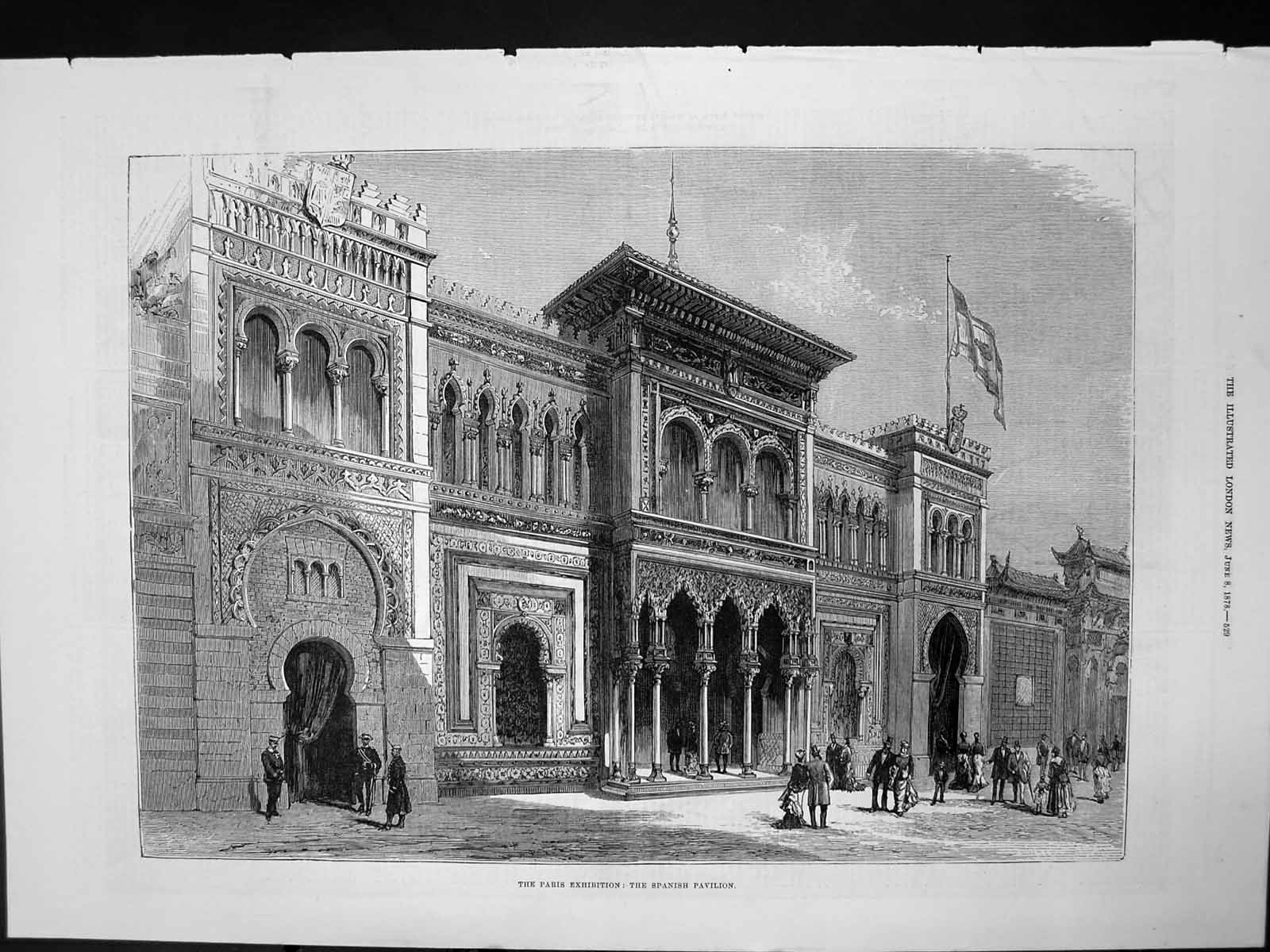 Antique Old Print Paris Exhibition Spanish Pavilion Flag Flying Building 1878