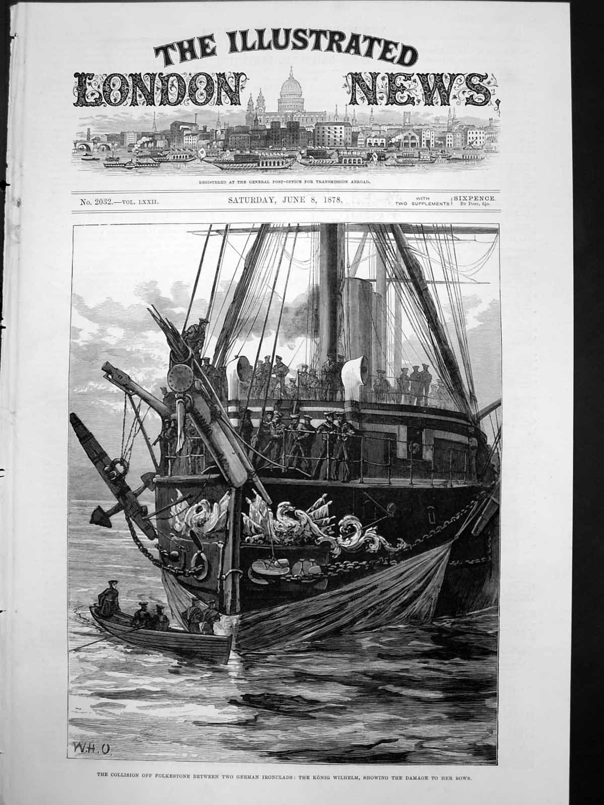 Antique Print Collision Two German Ironclads Konig Wilhelm Damage Bows 1878