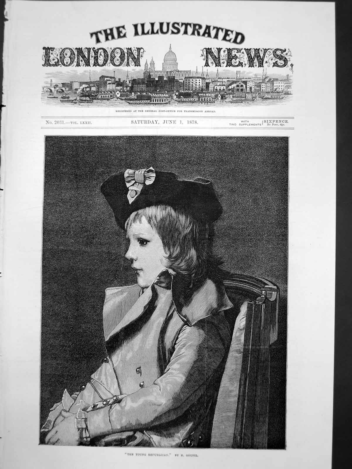 Antique Old Print Young Republican M Goupil Young Boy Uniform Cap Ribbon 1878