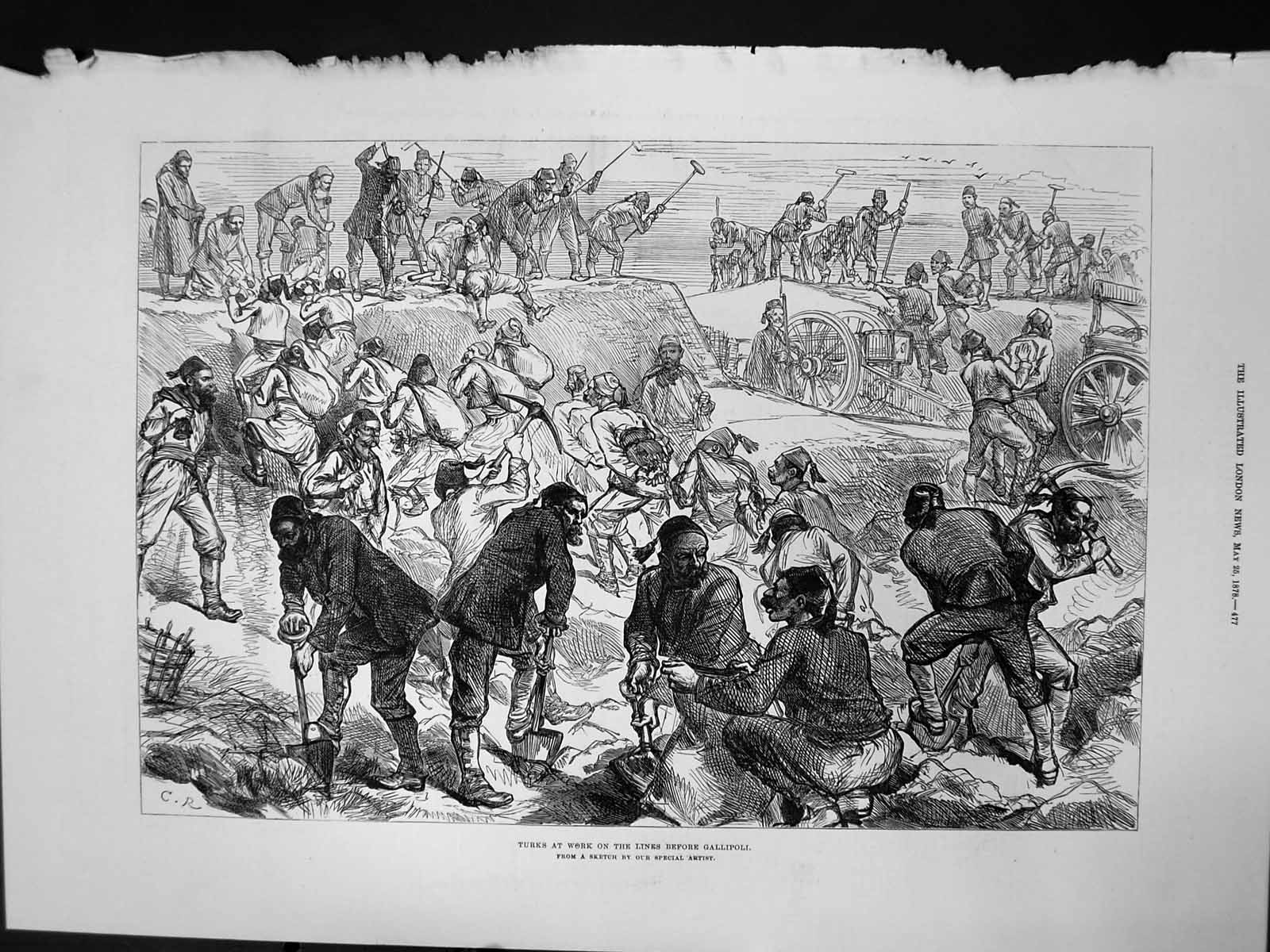 Original Old Antique Print Turks At Work On Lines Before Gallipoli 1878 19th