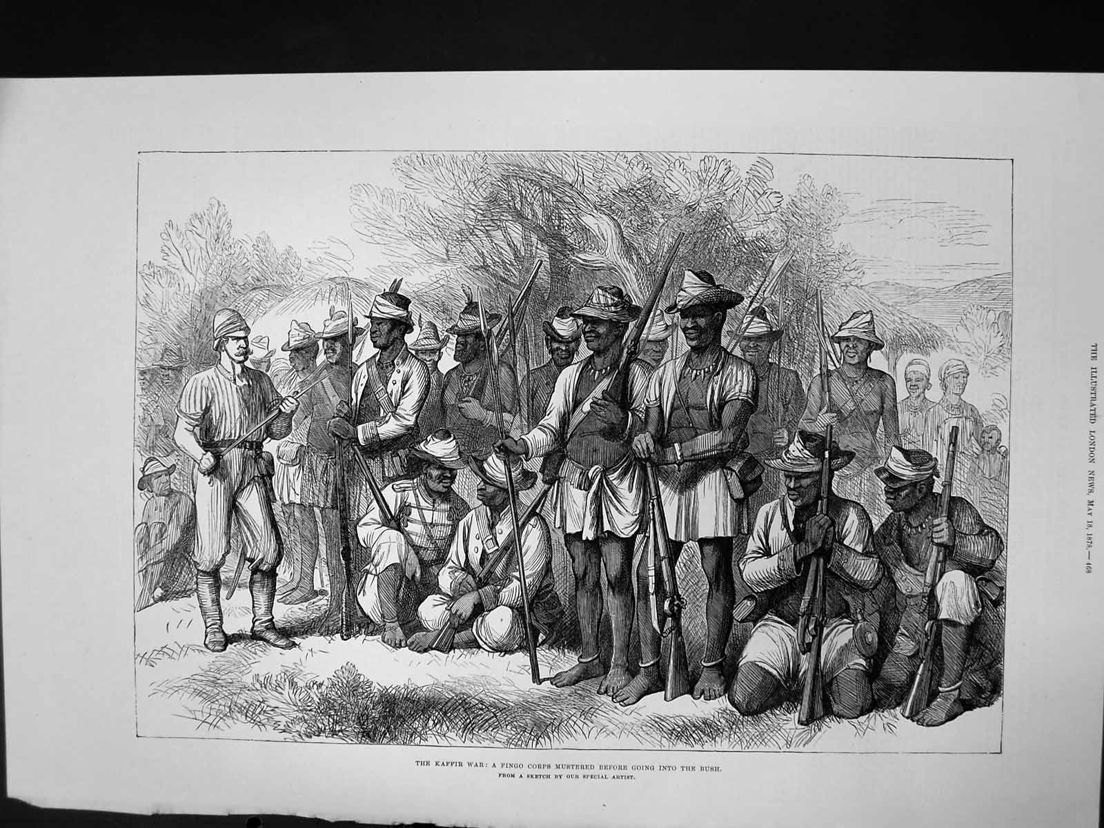 Antique Old Print Kaffir War Fingo Corps Mustered Before Going Into Bush 1878