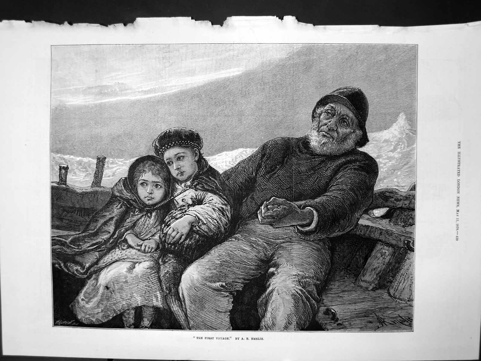 Antique Print First Voyage Ae Emslie Two Children Small Boat Fisherman 1878