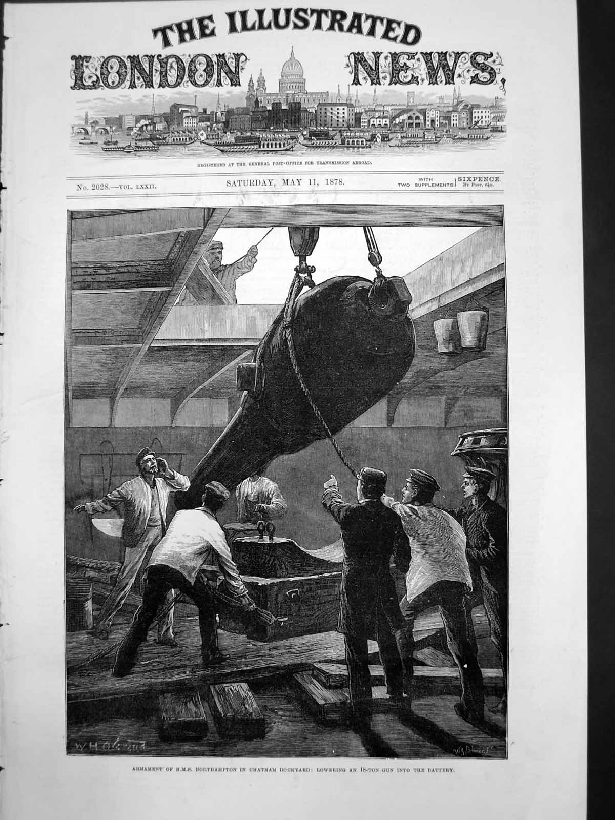 Antique Old Print Armament Hms Northampton Chatham Dockyard Lowering Gun 1878