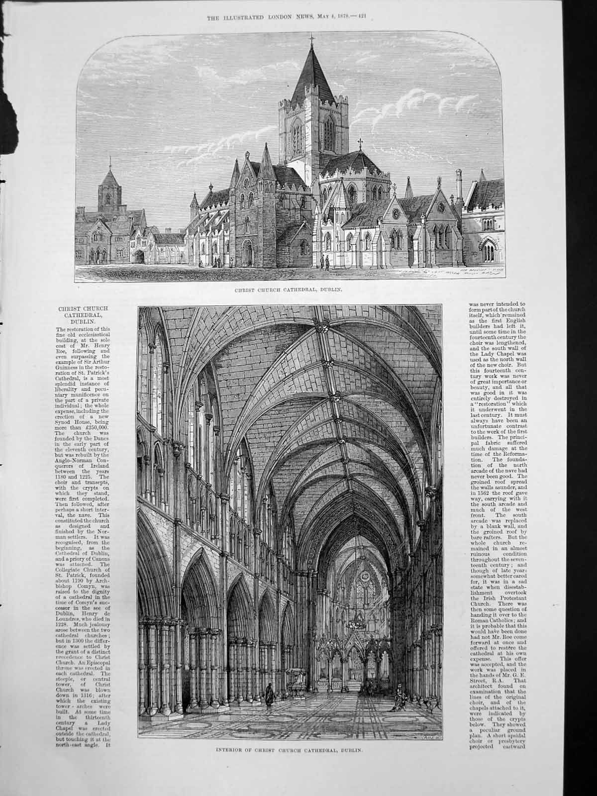 Antique Old Print Christ Church Cathedral Dublin Exterior Interior View 1878