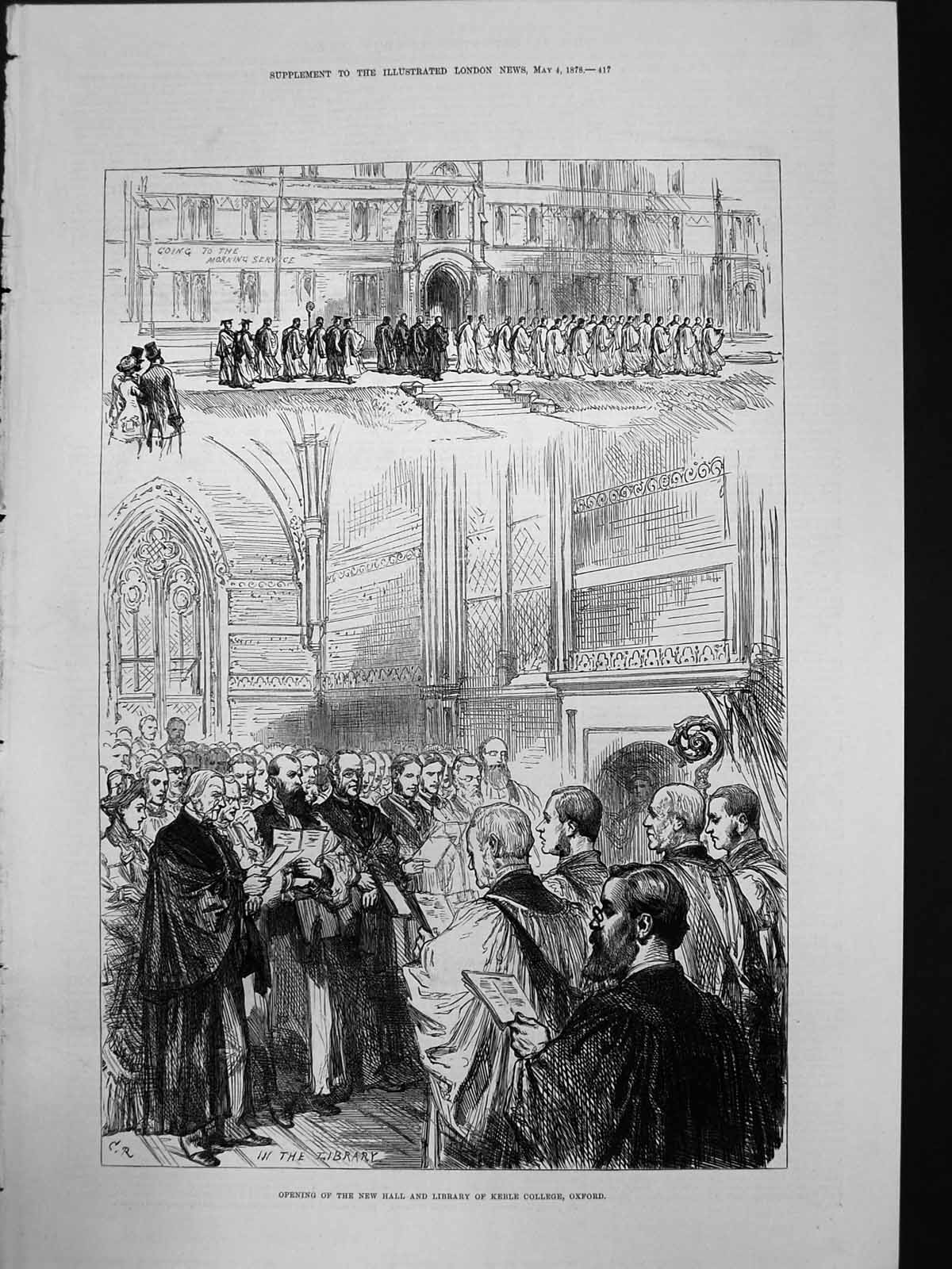 Original Old Antique Print Opening New Hall Library Keble College Oxford 1878