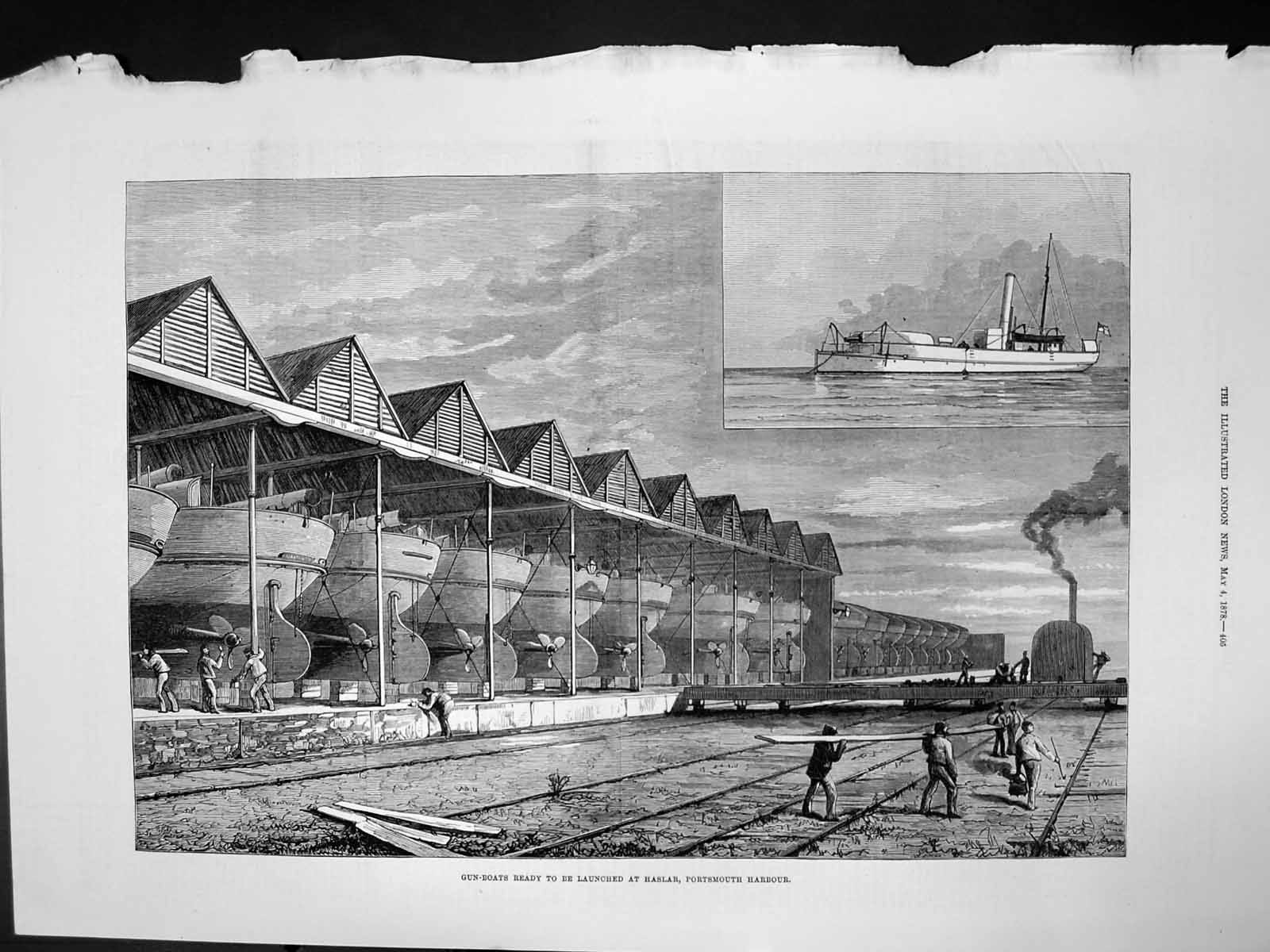 Old Antique Print Gun Boats Ready Launched Haslar Portsmouth Harbour 1878 19th