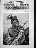 Old Print Young Kaffir Chief R C Woodville Feathers Hair Spear Beads 1878 19th