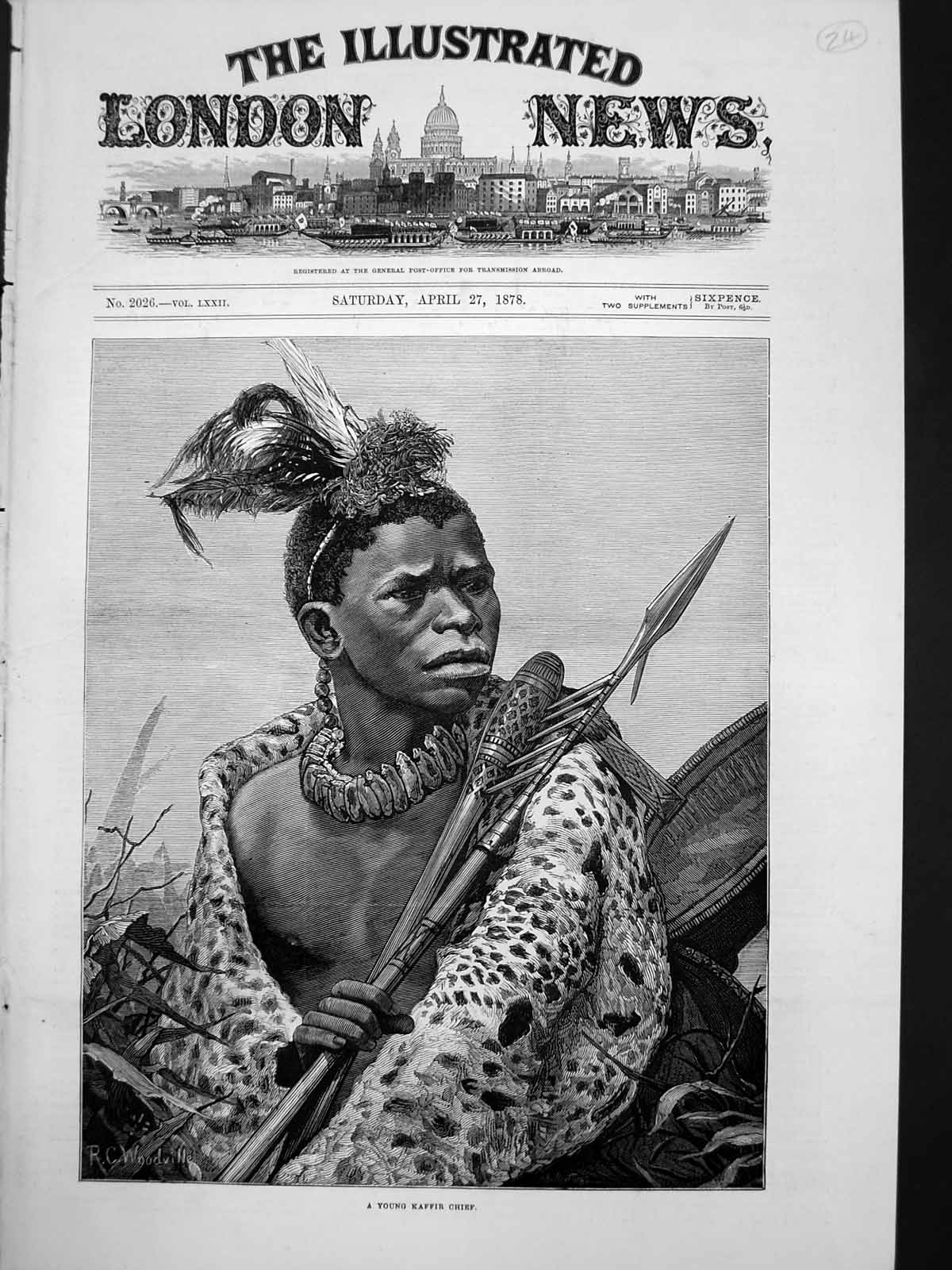 Old Print Young Kaffir Chief R C Woodville Feathers Hair Spear Beads 1878 19th