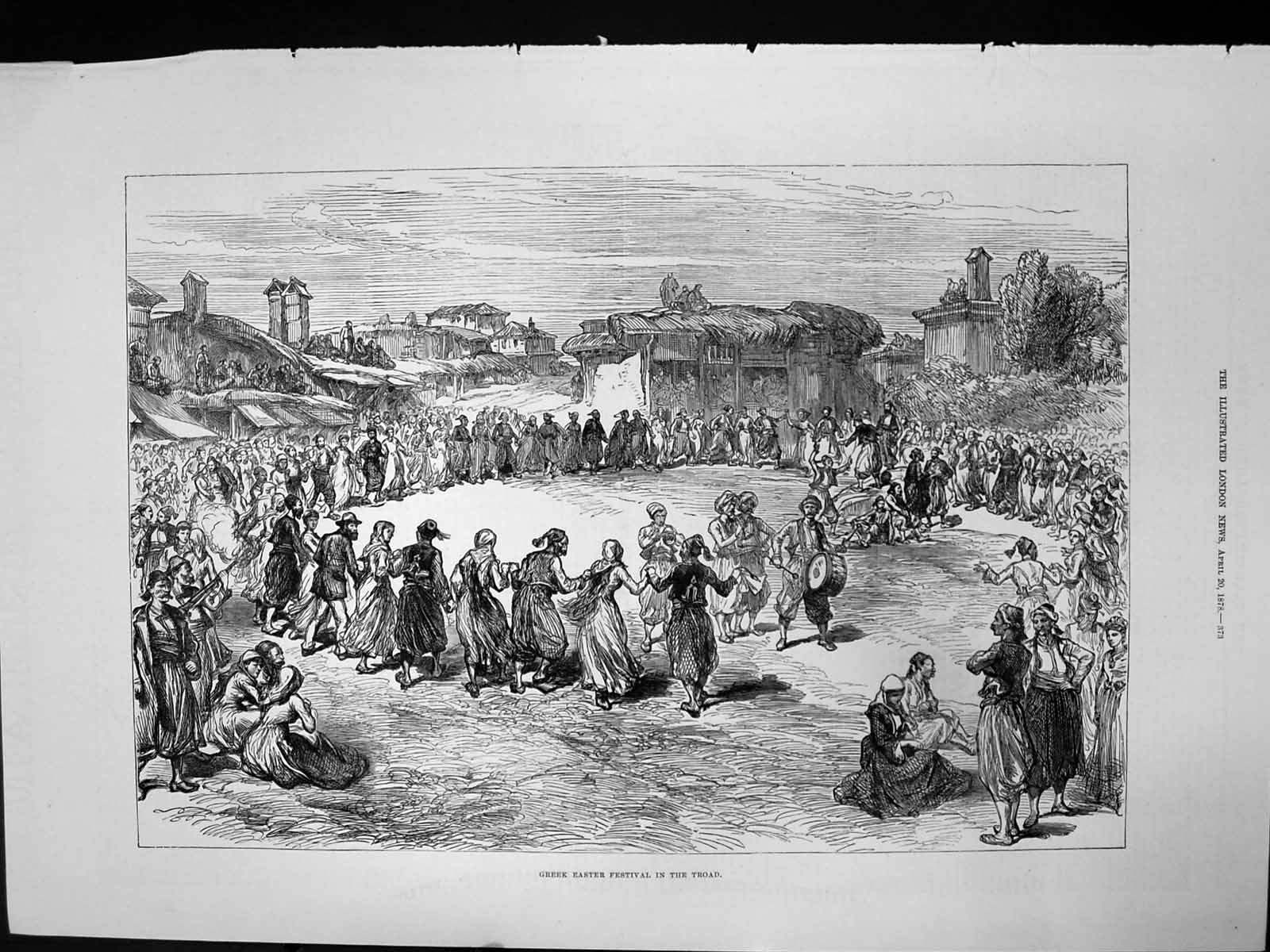 Original Old Antique Print Greek Easter Festival Troad Dancing Circle Band 1878