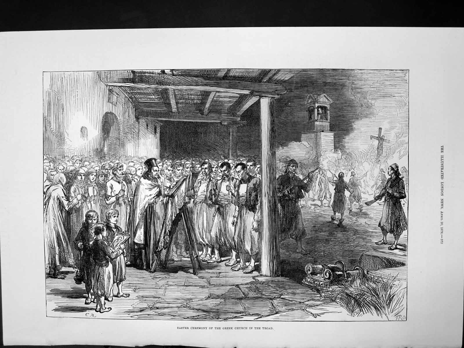 Original Old Antique Print Easter Ceremony Greek Church In Troad 1878 Victorian