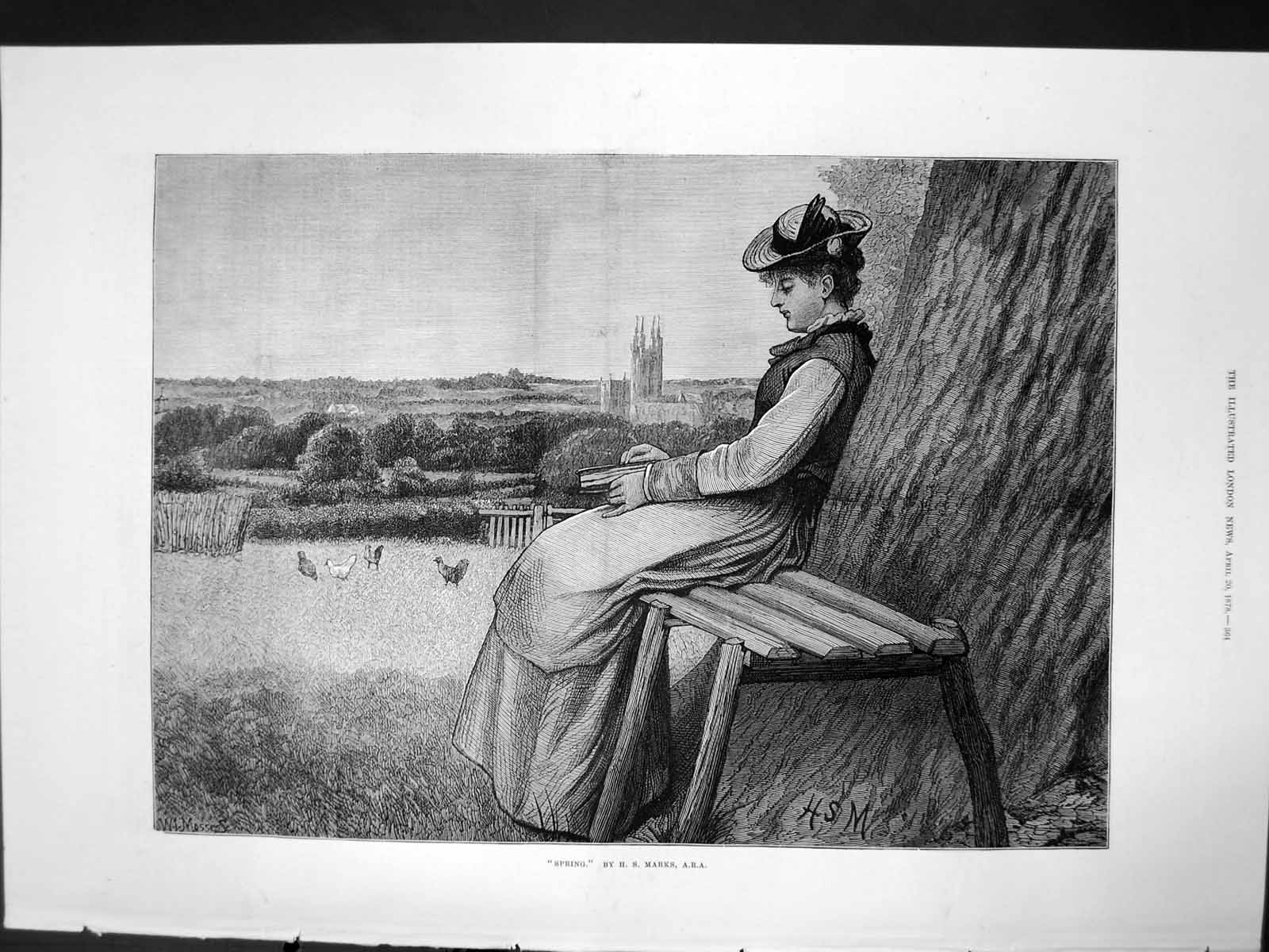Antique Old Print Spring H S Marks Young Woman Reading Bench Field Hens 1878