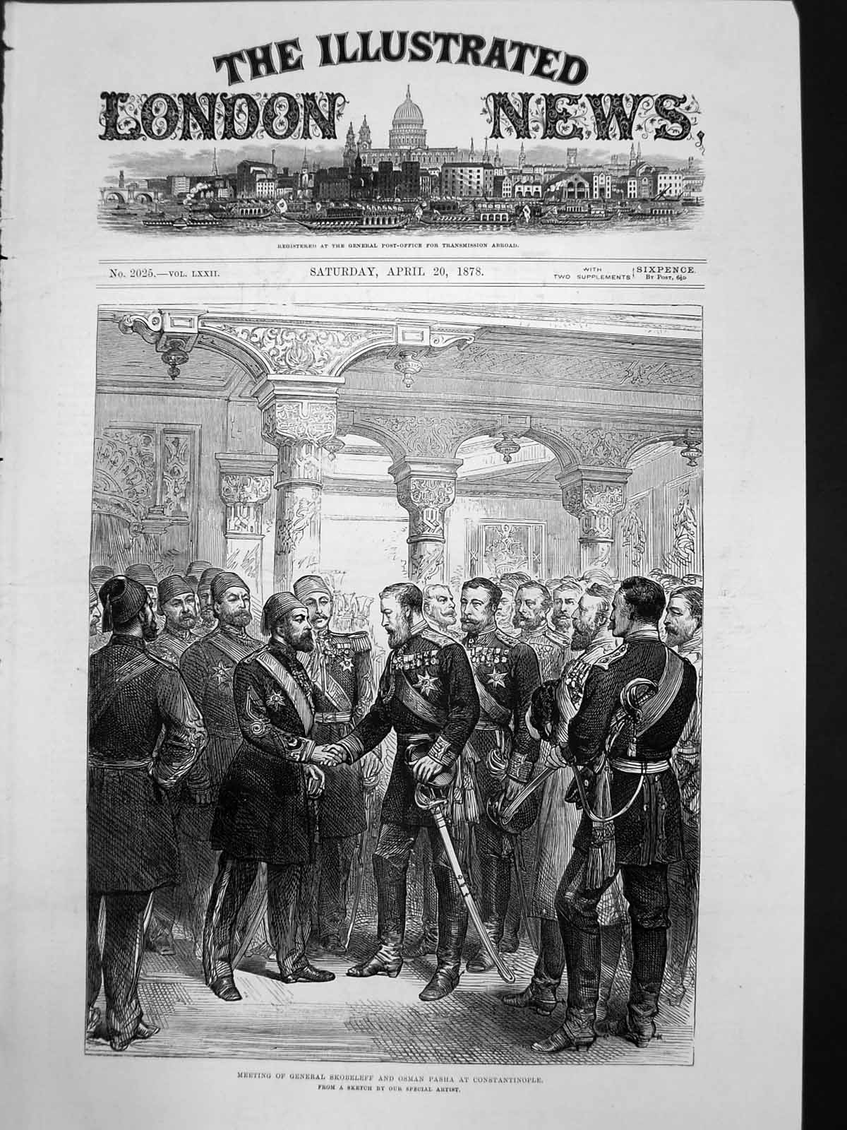 Antique Old Print Meeting General Skobeleff Osman Pasha Constantinople 1878