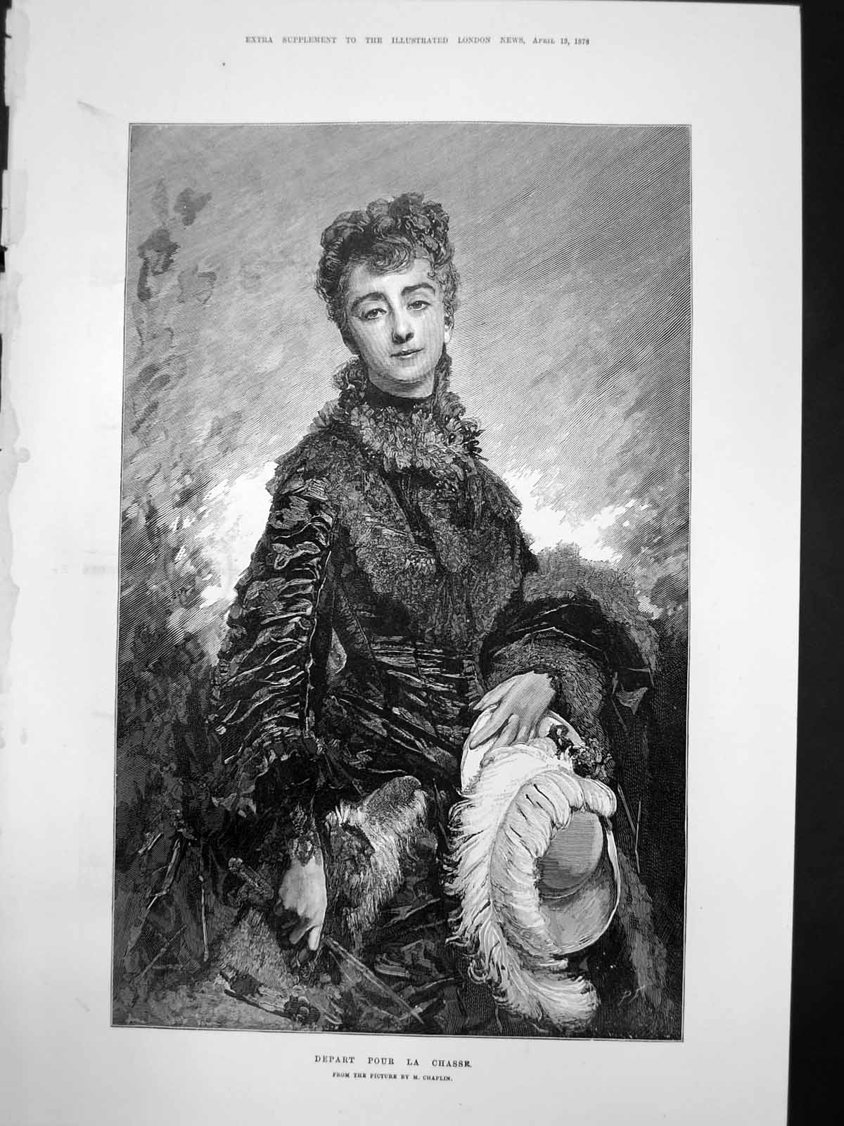 Old Antique Print Depart Pour La Chasse M Chaplin Woman Hat Feathers 1878 19th