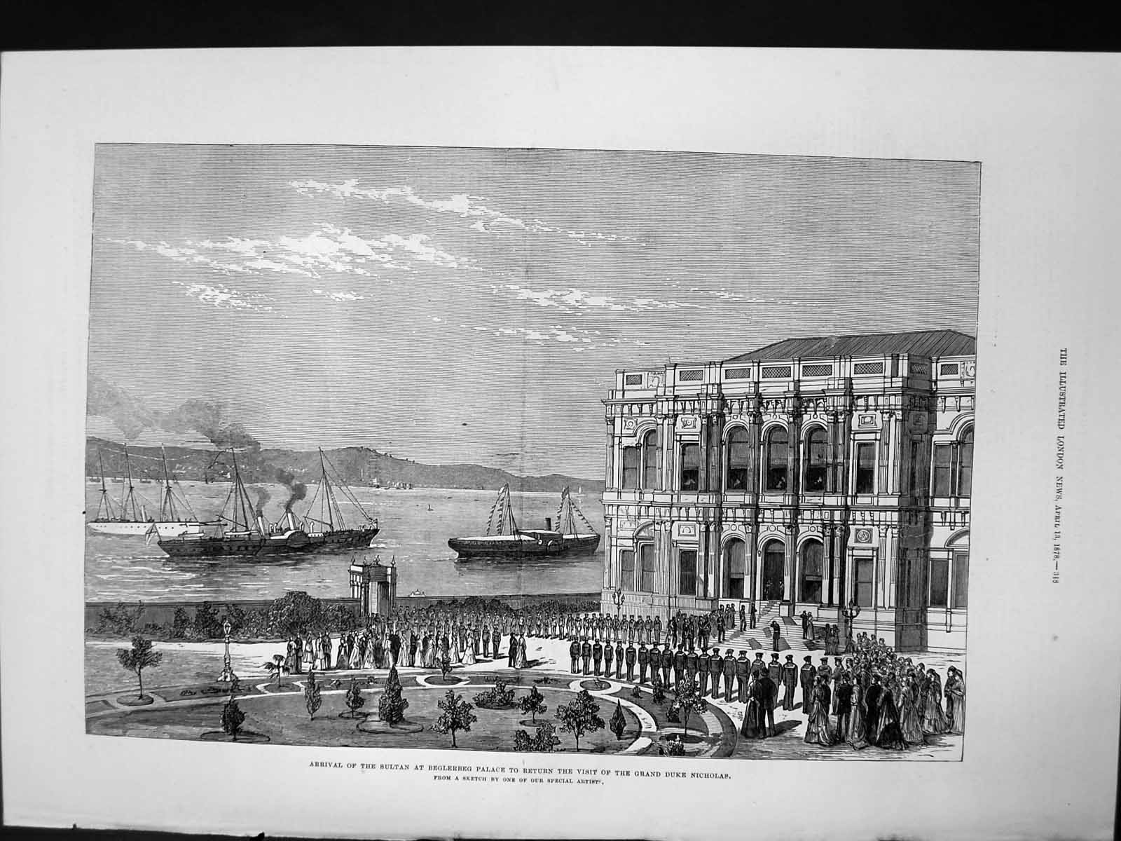 Old Print Arrival Sultan Beglerbeg Palace Return Visit Duke Nicholas 1878 19th