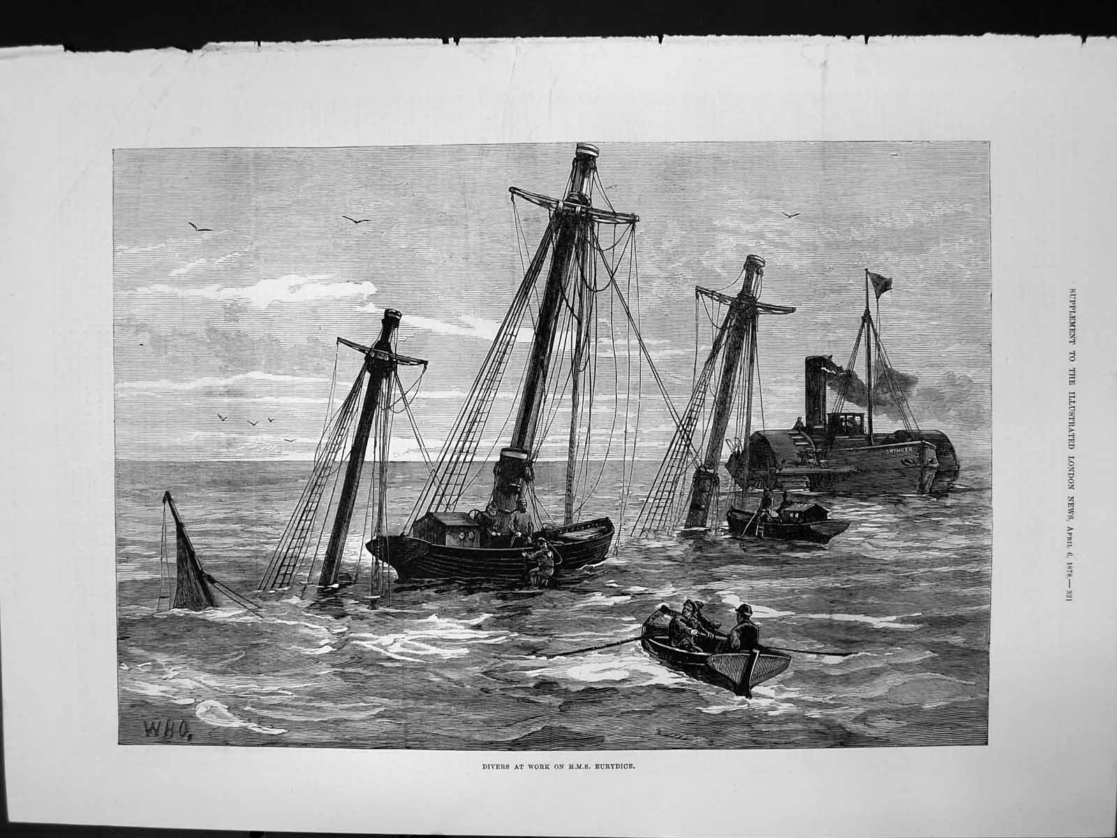 Old Antique Print Divers At Work Hms Eurydice Sunk Mast Above Water 1878 19th