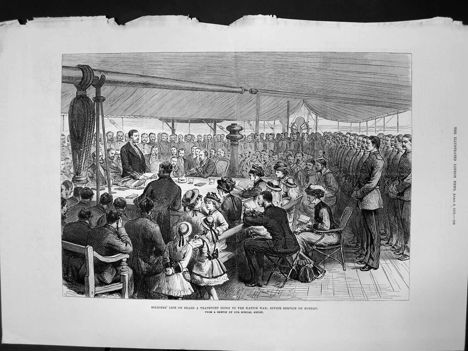Old Print Siers Life On Board Transport Kaffir War Divine Service Sunday