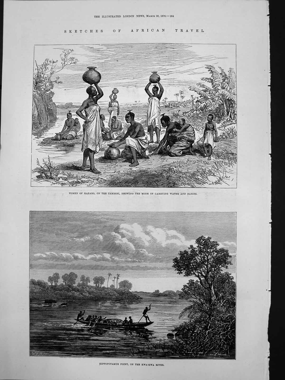 Old Print Women Mazaro Zambesi Carrying Water Children Kwa Kwa River 1878 19th